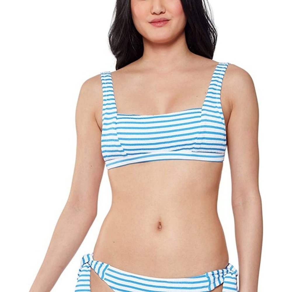 Jessica Simpson Sunshine Stripe Retro Bikini Top Bluebell Square Neck NEW Small - Picture 1 of 2